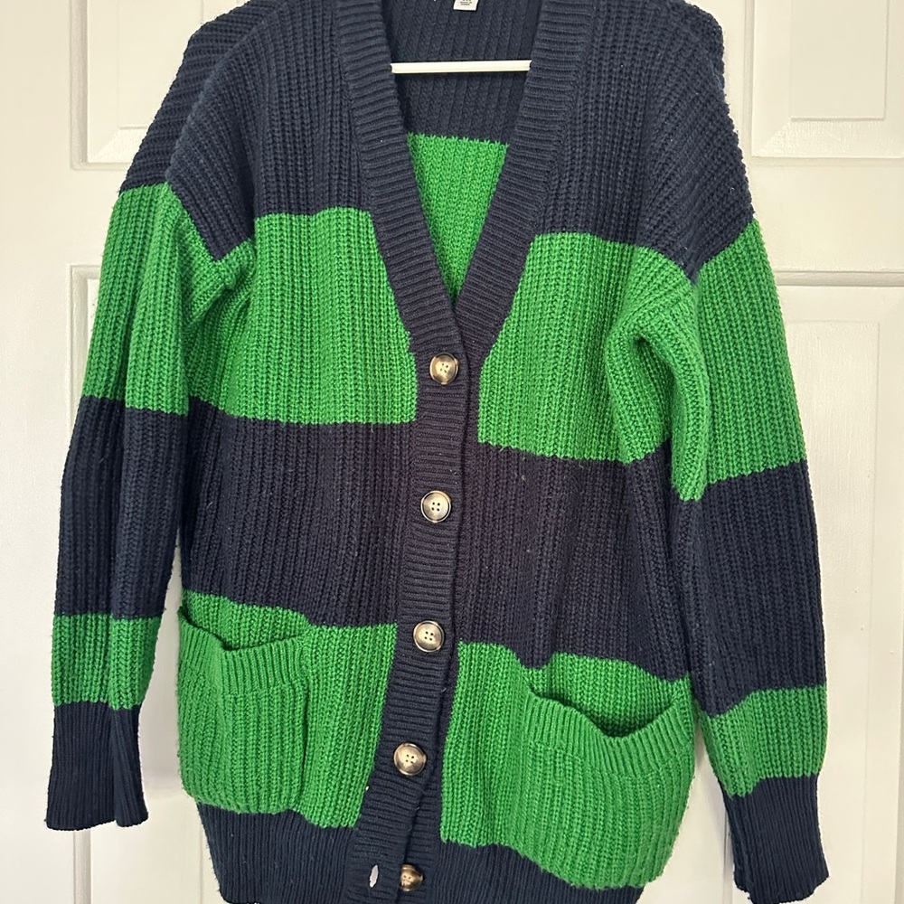 La Ligne, Women’s Rugby Stripe Cardigan Sweater, green and navy, XXS